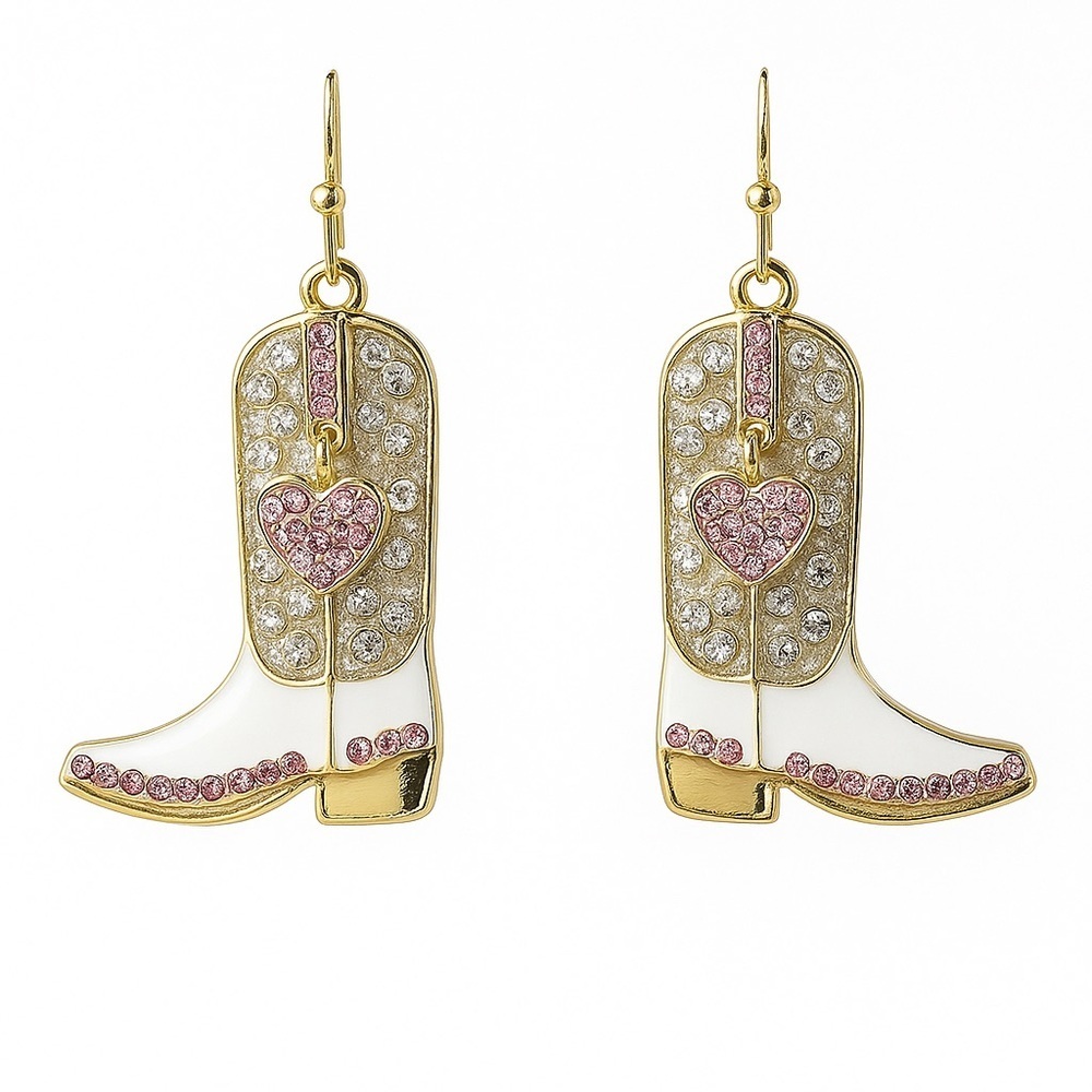 Cowgirl Boots Earrings With Pink Heart Charm